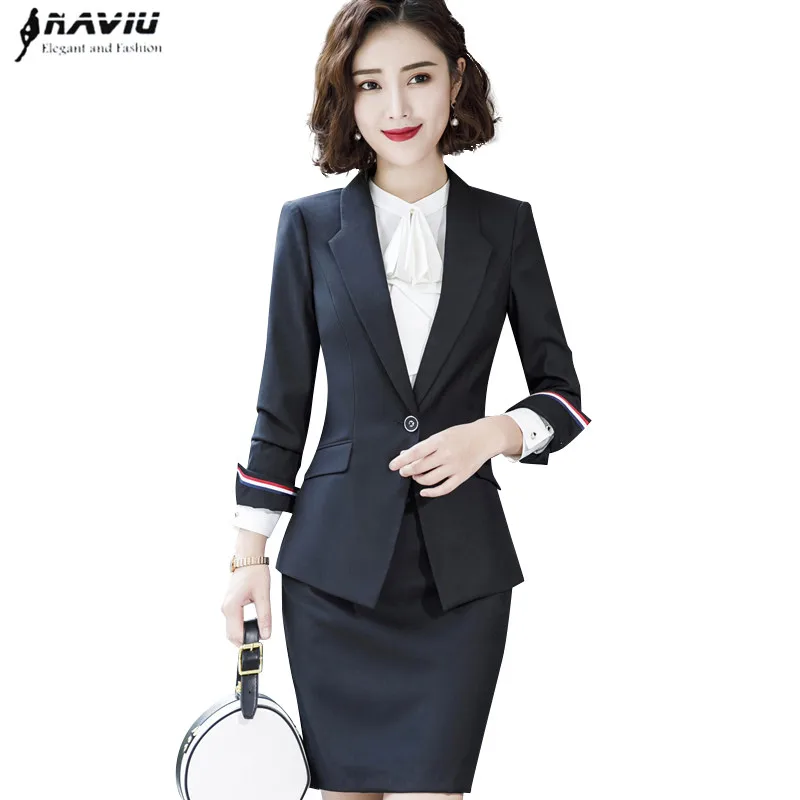 And Pants navy D'affaires Skirt Longues Printemps black Mode Qualité Slim Blazer Formelle Vêtements Navy Pants 2019 Taille Manches À Jupe Travail Costume black Bureau Supérieure De Dames Et Grande Coat Skirt FgqYWAwp