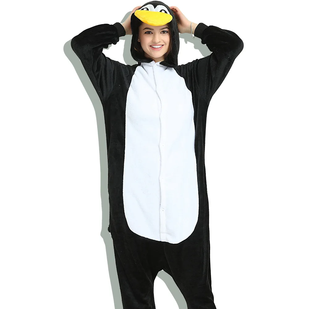 Cosplay Costume Flannel Pajamas Adults Anime Animal Onesies Sleepwear Kigurumi Women Men Unicorn Stitch Pikachu Winter Pajamas - Цвет: penguin