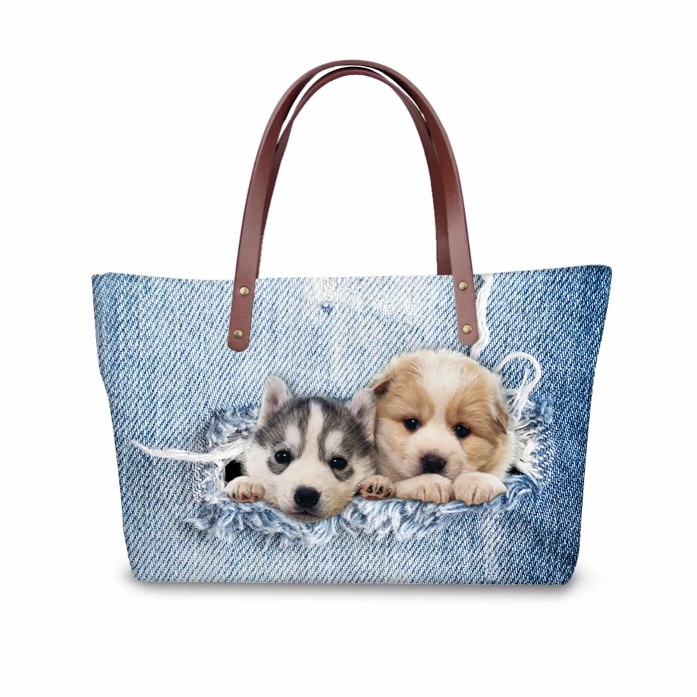 

Customized Blue Cute Printing Animal Denim Cat Handbag for Women Casual Ladies Shoulder Messenger Bag Neoprene Large Capacity