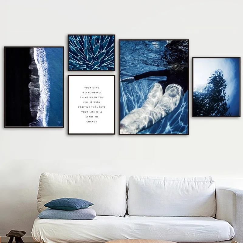 

Blue Sea Plant Fish Landscape Art Canvas Painting Seascape Nordic Poster Modular Wall Pictures for Living Room Home Decoration