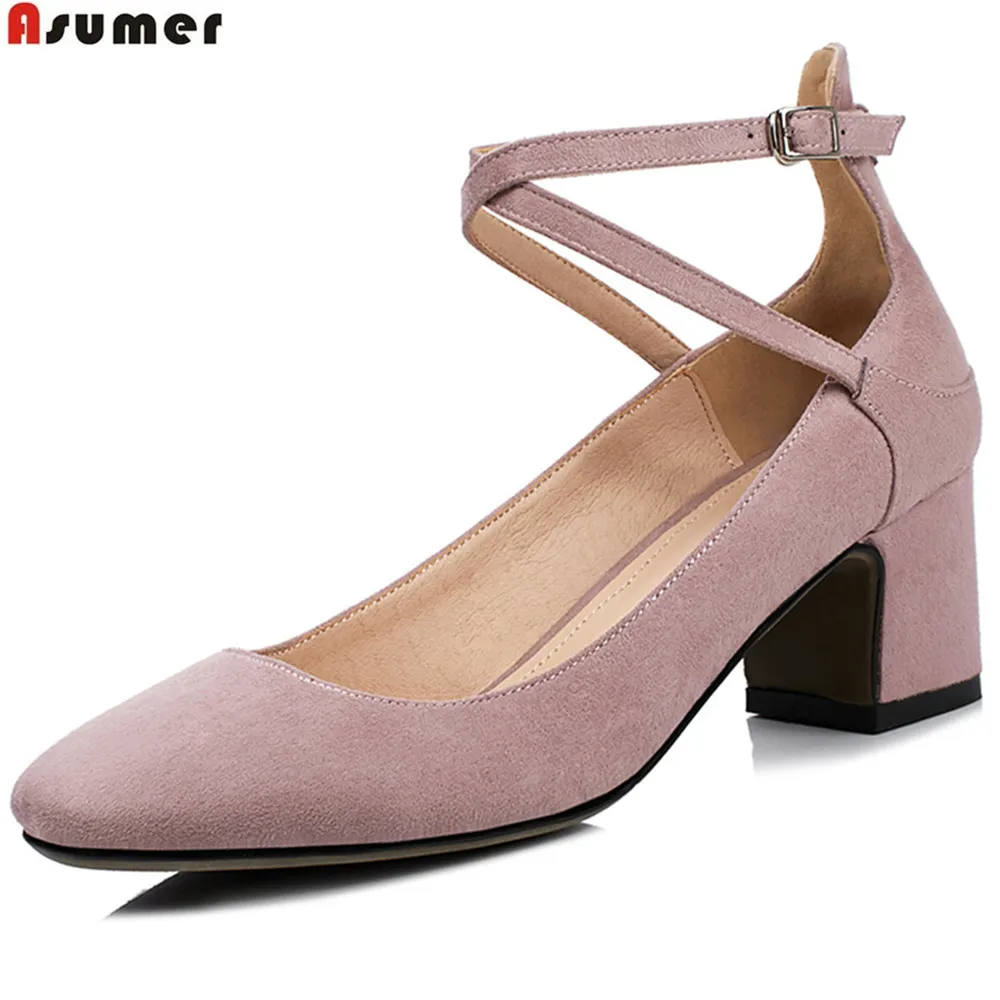 

ASUMER black pink fashion square toe buckle spring autumn ladies single shoes shallow square heel women high heels shoes size 43