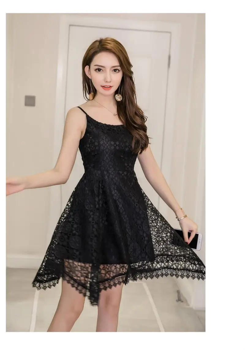 2018 New Hollow out lace dress women elegant spaghetti strap white lace sling dress vintage sleeveless black crochet dresses