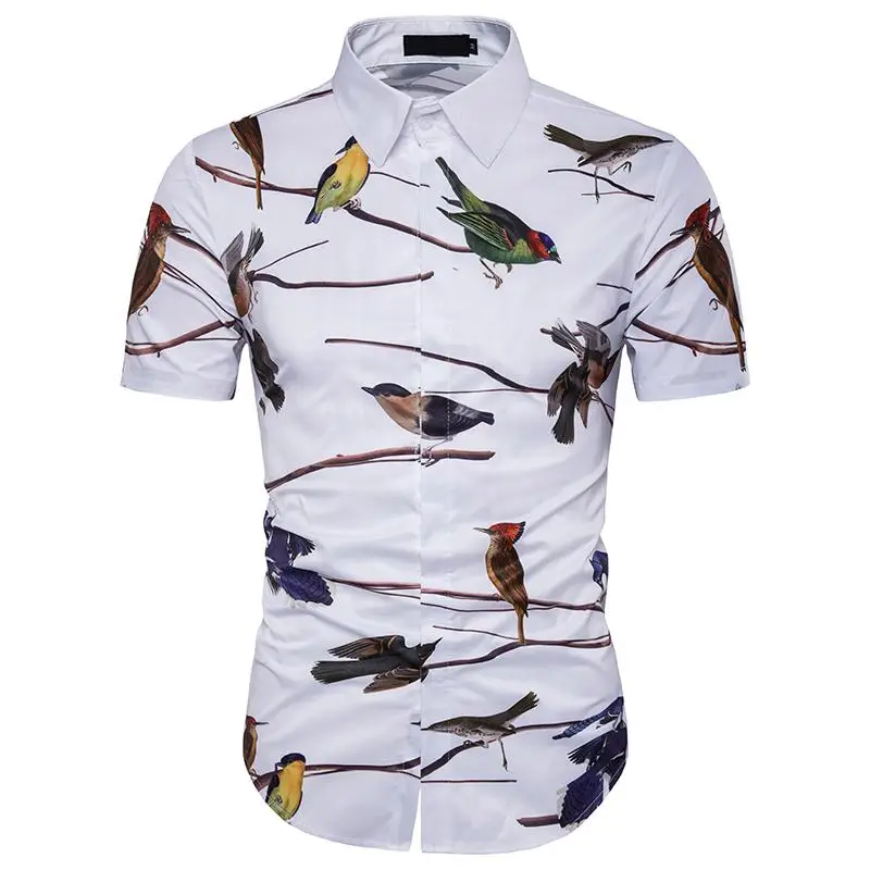White 1101 DC49P40 Мужская гавайская рубашка птица 3D печати короткий рукав Slim fit Блузка для мужчин одежда гавайская рубашка для лето - Цвет: White 1101 DC49P40
