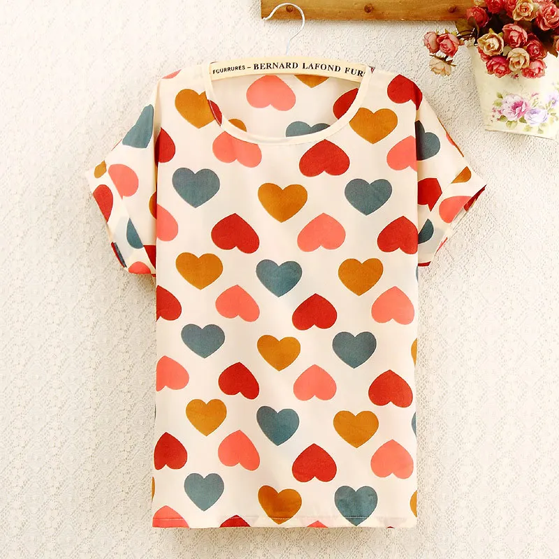

CHSDCSI Women Polyester Blouse Stripe Big Dot Blouse Summer Short Sleeve Casual Shirts Thin Print Tops Love Blusas Ladies Shirt