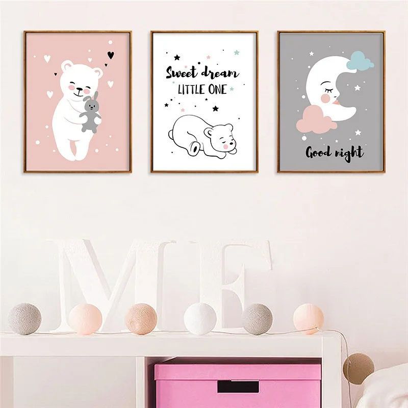 

Canvas Art Sweet Wall Pictures for Living Room Moon Bear Posters and Prints Oil Painting Girls Kindergarten Garden Decoration