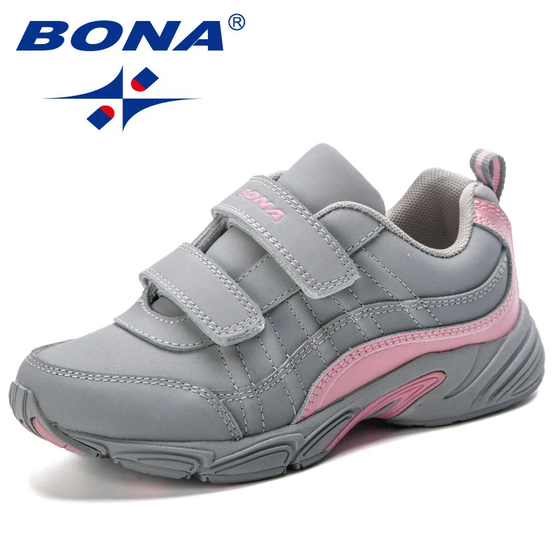 BONA/Новое поступление, прочные детские кроссовки, Модные Полосатые кроссовки контрастного цвета для мальчиков и девочек, модные детские спортивные кроссовки для бега - Цвет: Light gray lightpink