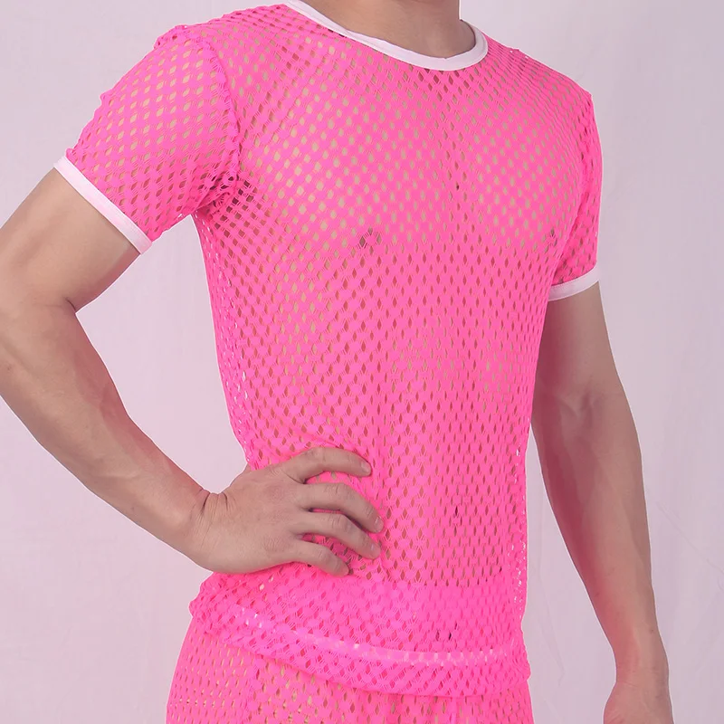 Мужская сетчатая Прозрачная Футболка в сеточку, Сексуальная футболка с коротким рукавом для ночного клуба, мужские вечерние топы для выступлений в уличном стиле(только топ - Цвет: Pink shirt