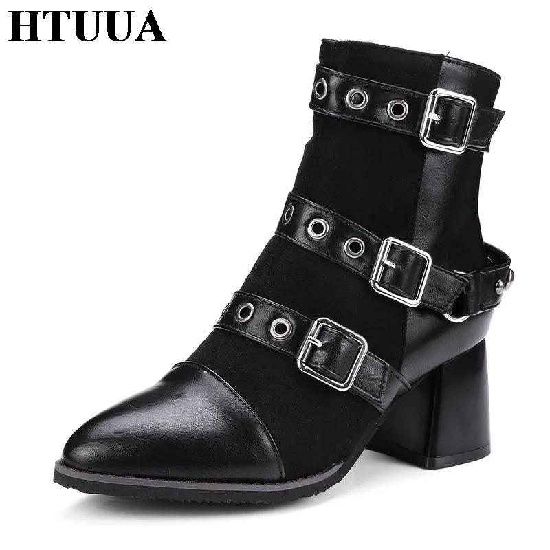 

HTUUA 2018 Fashion Winter Boots Women Pointed Toe Buckle High Heels Shoes Plush Ankle Boots Short Martin Booties 33-46 SX767