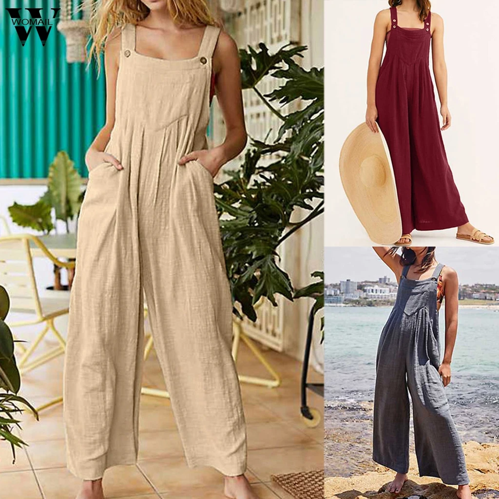 

Womail bodysuit Women fashion Summer Safari Style Solid Sleeveless Long Jumpsuit with Pockets work Jumpsuit Casual 2019 M529