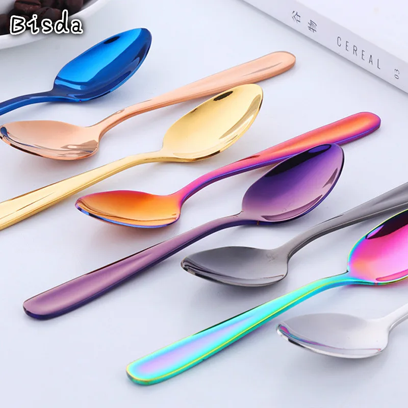 

1Pc Tea Spoon Stainless Steel Coffee Spoons Children Mini Spoon Gold Dessert Scoop Rainbow Small Dinnerware Upgarded Party Tool