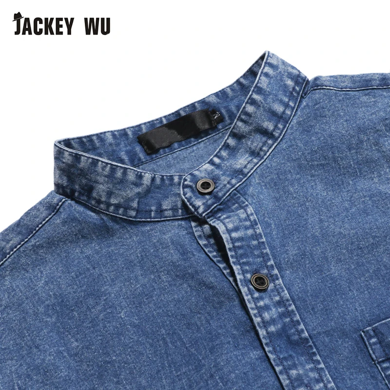 JACKEYWU джинсовые рубашки мужские модные корейские потертые джинсовые рубашки воротник Мандарин с длинным рукавом Повседневные рубашки тонкая мужская одежда