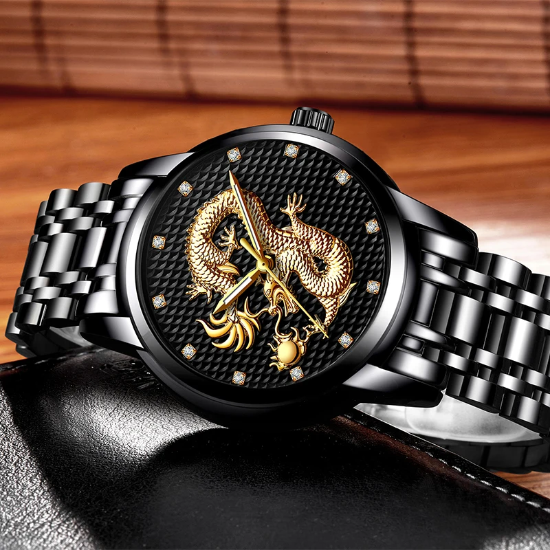 2021 LIGE New Golden Mens Watches Top Brand Luxury Chinese Dragon Watch Business Full Steel Quartz Clock Male Relogio Masculino