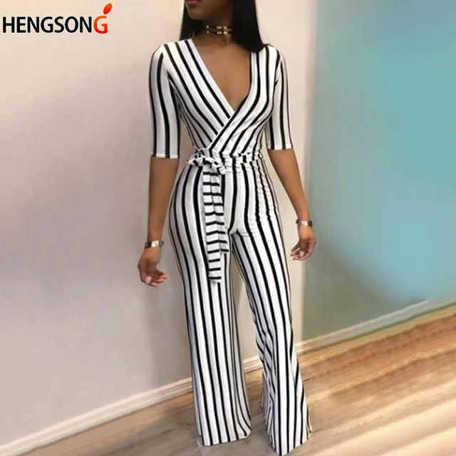 US $8.29 Summer Deep V Neck Sashes Jumpsuit Women Half Sleeve Casual Rompers Overalls Sexy Office Lady Strip