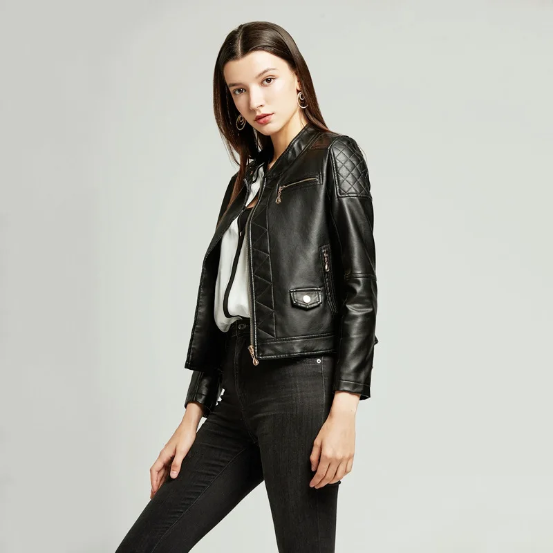 NXH 2019 yellow leather jacket women autumn coat plus size luxury jacket biker jacket women  faux leather Red black pink