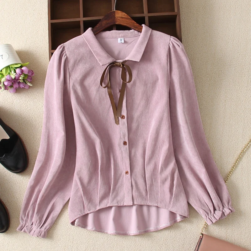 

Japan Cotton Shirts 2019 Spring Autumn Women Long Sleeve Corduroy Tops and Blouses Female Lantern Sleeve Shirts S-XXL