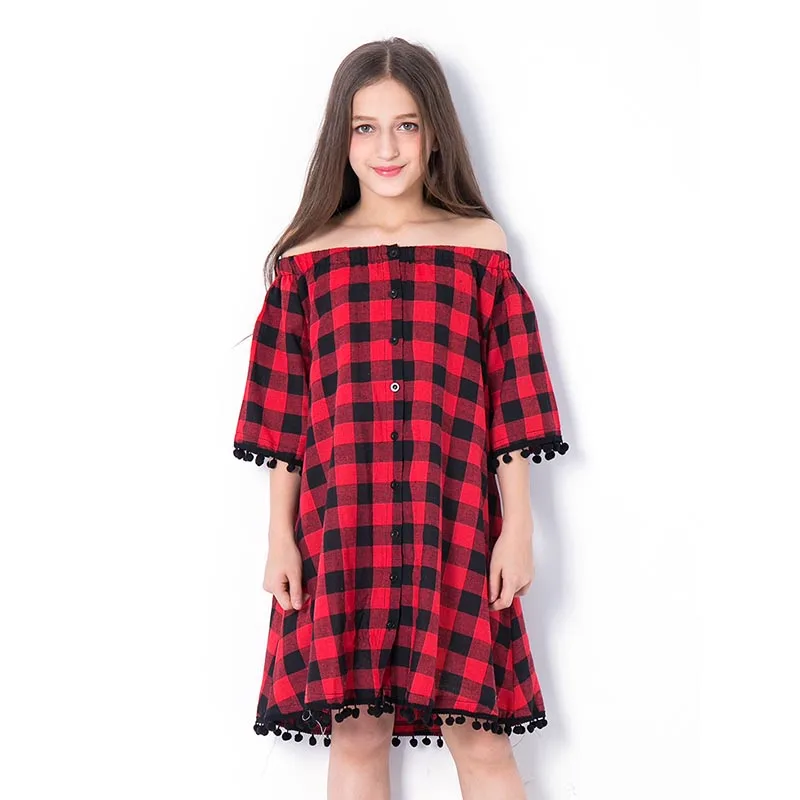 

Teenage Girls Princess Dress 2019 Summer Red Plaid Shoulderless Kids Dresses for Girls School Outfit Children Straight Dress 10Y