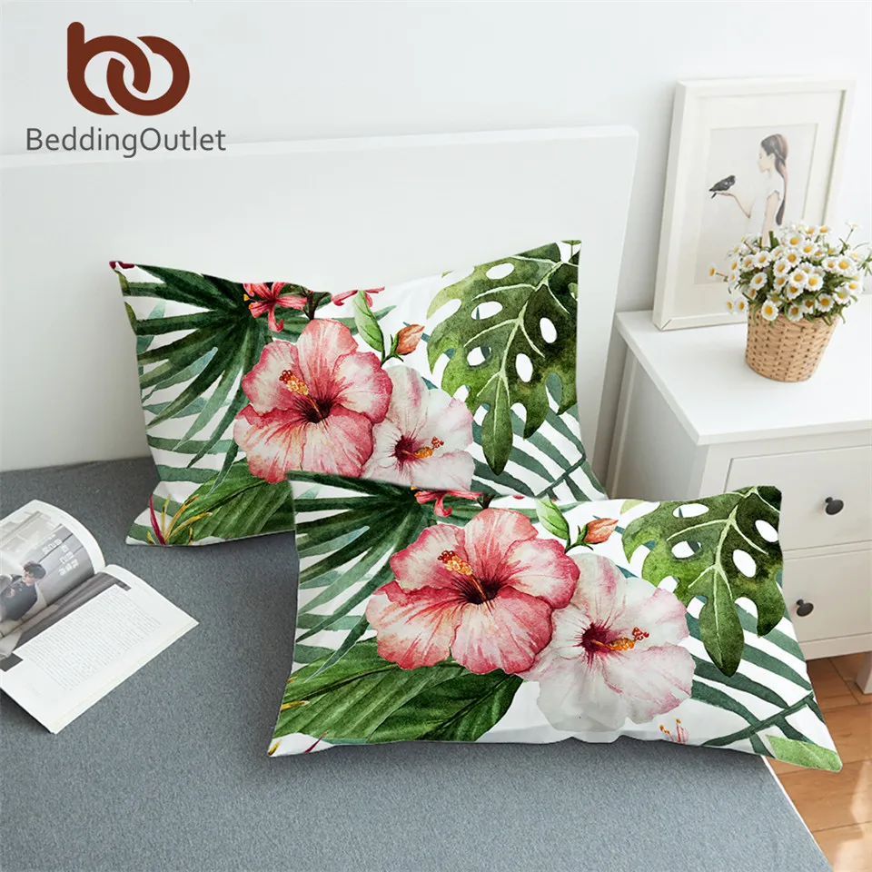 

BeddingOutlet Flowers Pillowcase Leaves Pillow Case Tropical Plants Bedding 2pcs Red Green White Pillow Cover 50cmx90cm