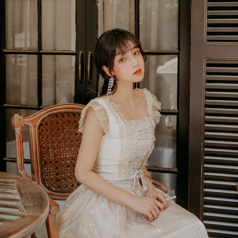 Sweet Xue/комплект летней одежды в клеточку без рукавов с квадратным воротником на