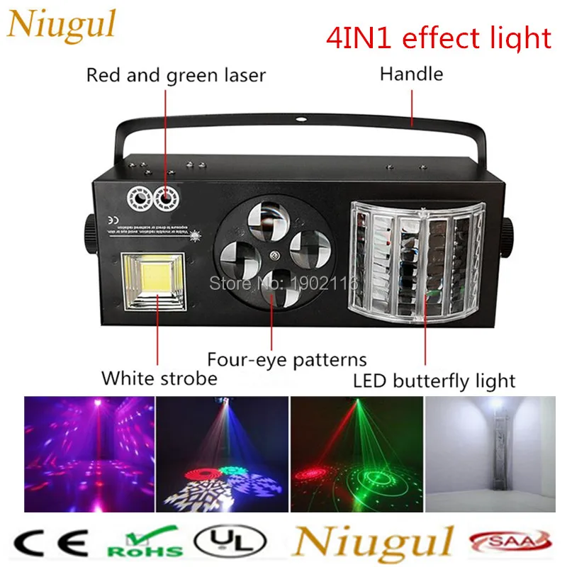 

Niugul LED 4in1 Effect Light LED Butterfly Lights+RG Laser+4 Eyes Patterns Light +White Strobe DMX512 KTV Club Disco DJ Lighting