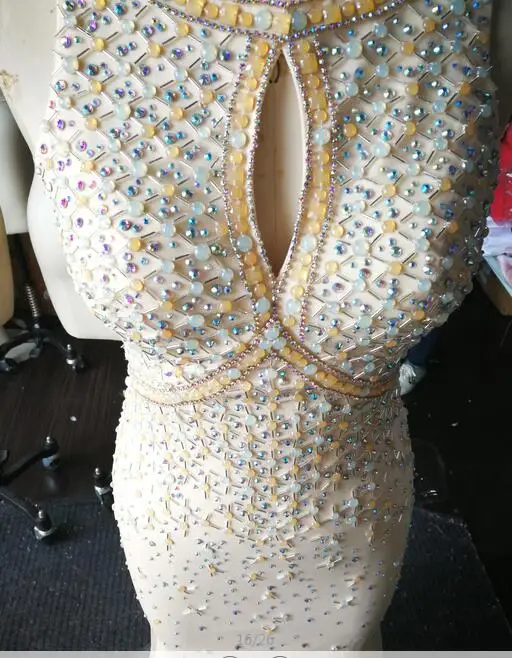Длинное вечернее платье-Русалка цвета шампанского vestido longo de облегающий лиф с кристаллами вышитое бисером вечернее платье Robe De Soiree LSX355
