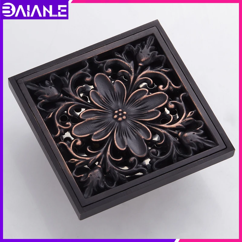 Floor Drain Black Brass Bathroom Balcony Anti-odor Shower Drain Strainer Cover Square Peony Pattern Tile Insert Waste Grates Floor Drain Black Brass Bathroom Balcony Anti-odor Shower Drain Strainer Cover Square Peony Pattern Tile Insert Waste Grates