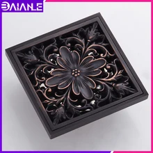 Floor Drain Black Brass Bathroom Balcony Anti-odor Shower Drain Strainer Cover Square Peony Pattern Tile Insert Waste Grates
