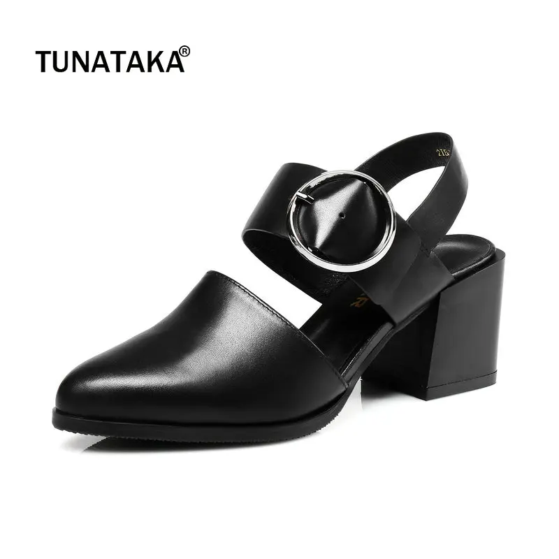 Woman Genuine Leather Pointed Toe Comfort Square High Heel Woman Sandals Fashion Buckle Dress High Heel Shoes Summer Woman Shoes smirnova 2018 summer new shoes woman pointed toe fashion rivet sandals women genuine leather med heels shoes square heel