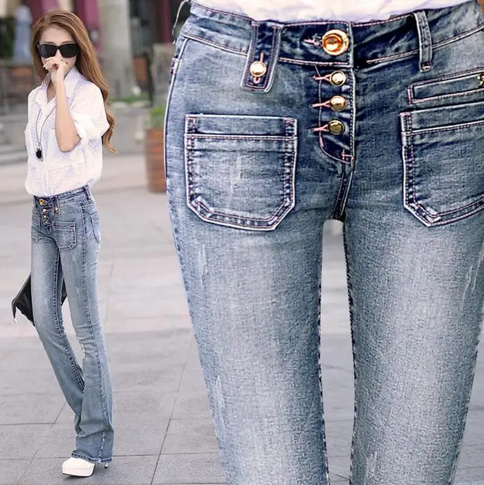 Новый тонкий расклешенные брюки однобортный длинные джинсы женские Штаны два цвета