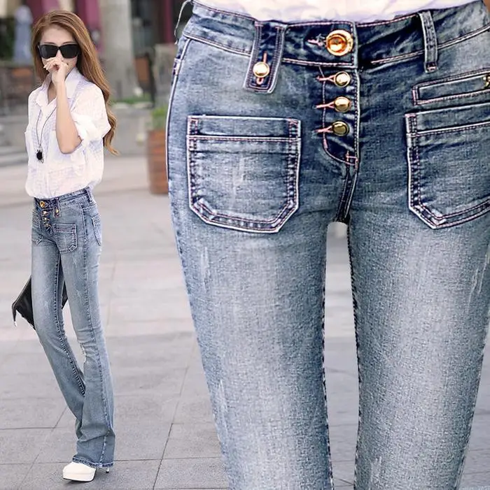 

New Slim thin flared trousers Single-breasted Long Jeans women pants two colors