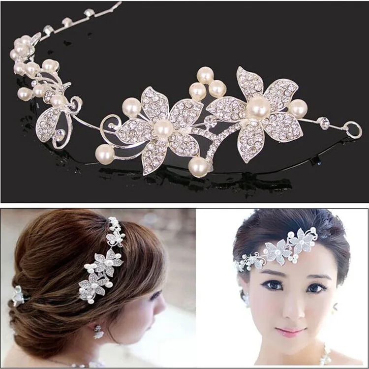 Elegante de Prata Tiara Pérola Headband Do Cabelo de Cristal Cabeça Cadeia de Jóias Acessórios Do Cabelo Do Casamento Romântico vestidos de Noiva Cocar (5)