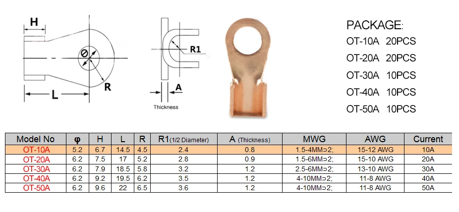 70 шт./лот, OT-10A, 20A, 30A, 40A, 50A Dia, красная медь, круговое соединение, кольцо, Клемма, провод, голый разъем, кабельные наконечники, клеммы для аккумулятора