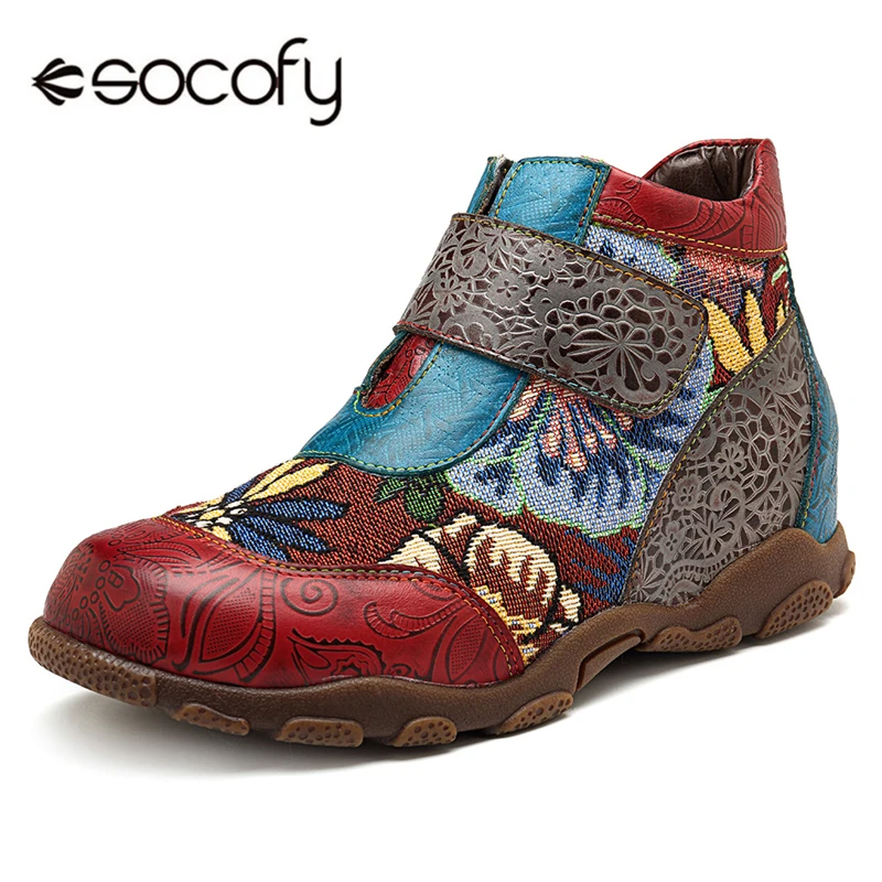 Socofy Genuine Leather Winter Ankle Boots For Women Shoes Woman Sneakers Women Boots Retro Printed Hook&Loop Boot Tenis Feminino Socofy Genuine Leather Winter Ankle Boots For Women Shoes Woman Sneakers Women Boots Retro Printed Hook&Loop Boot Tenis Feminino