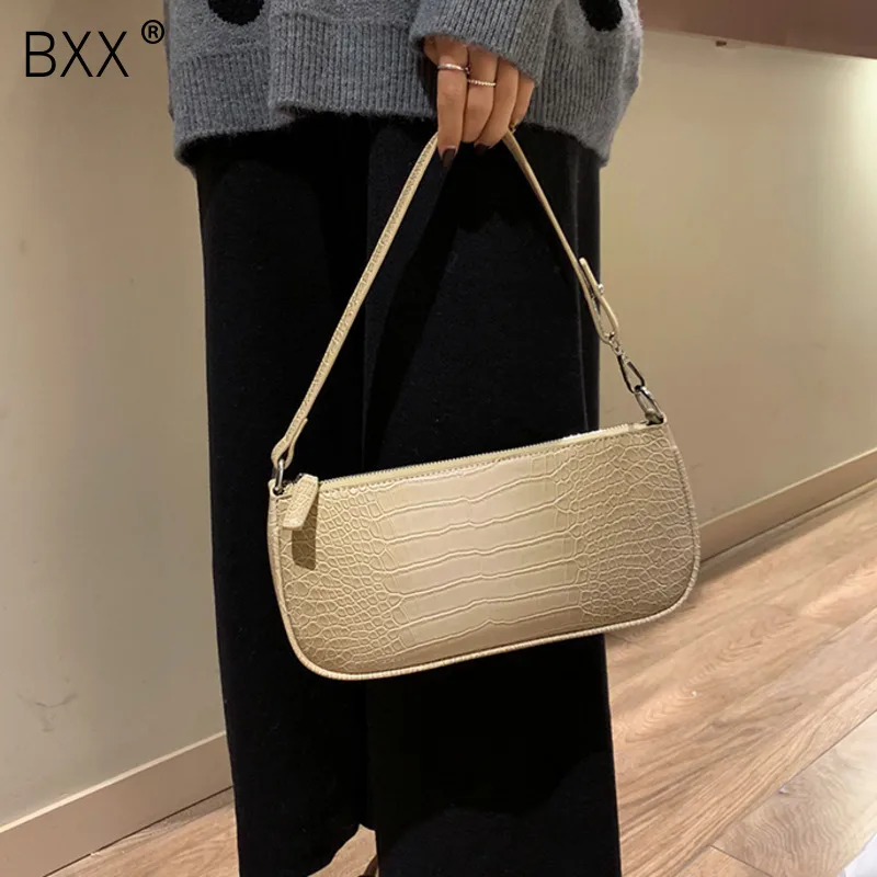 

[BXX] Women's Single Shoulder Bag All-match Flap 2020 Fashion Crocodile Pattern PU Leather Handbag Female Party Bag HF313