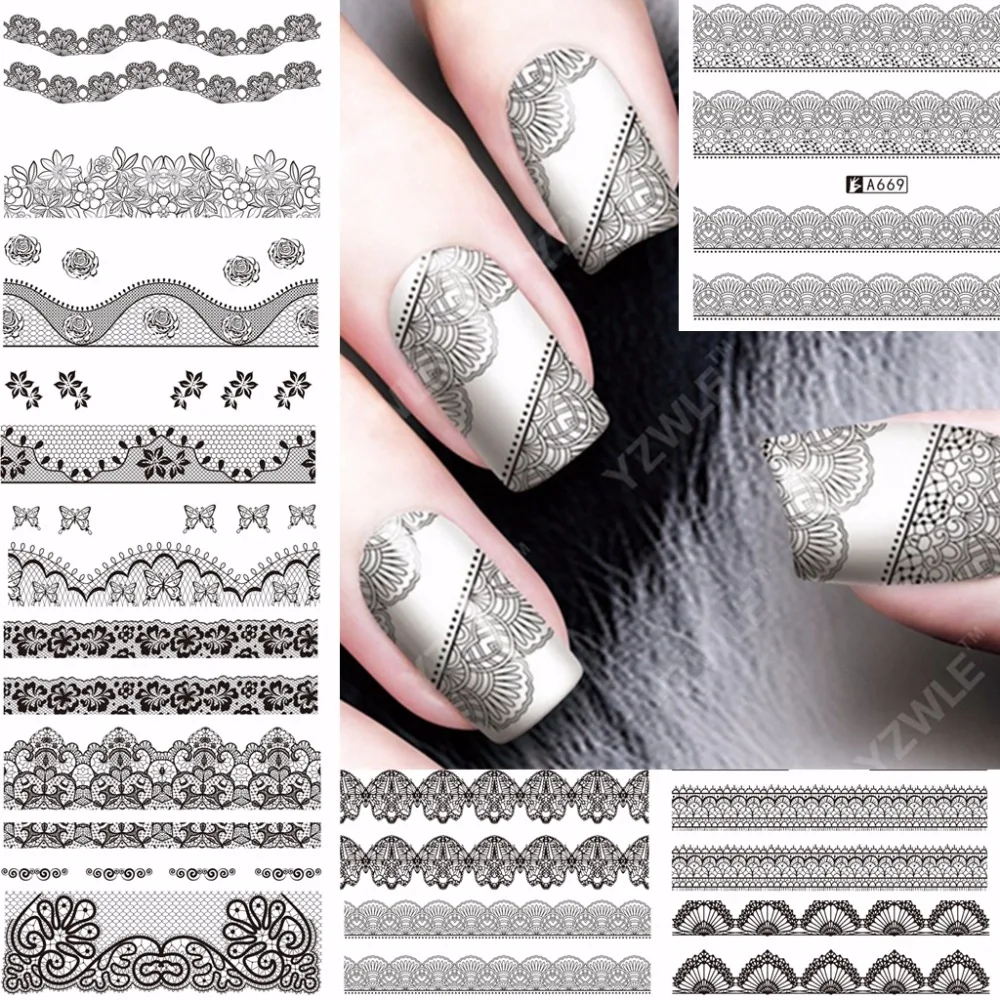12 упак./лот воды Наклейка ногтей наклейки ползунок татуировки полное покрытие черный сетки кружева волны линии A661-672