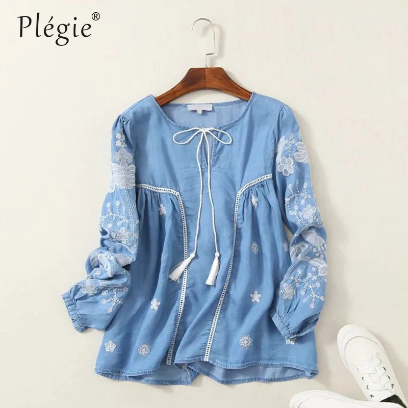 Женские топы и блузки Plegie 2018 Женская Джинсовая блузка с цветочной вышивкой