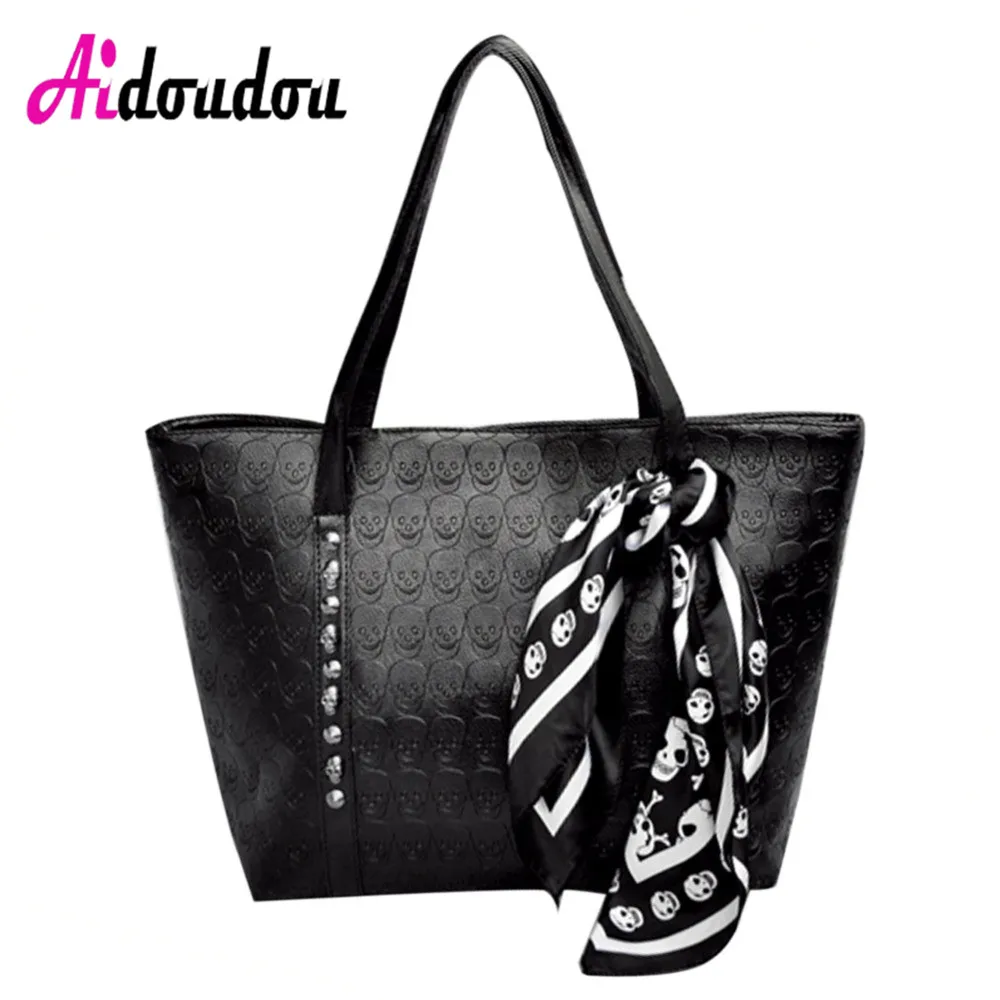 

2018 Hot Women Skull Bag Female PU Leather Solid Punk Shoulder Bag with Scarves Soft Women Handbags Black Large Ladies Tote Bag