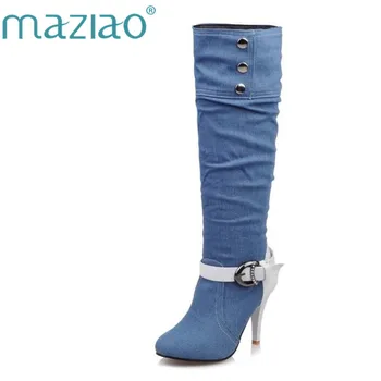 

MAZIAO Winter Denim Fabric Ladies shoes Autumn boots Knee botas Pointed toe Bottom Buckle Cloth Fashion Casual Black Warm