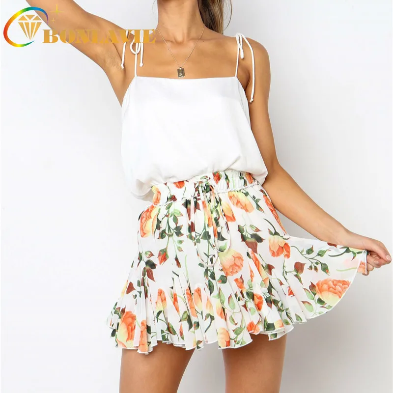 Женская юбка Милая стильная короткая летняя модная одежда с цветочным принтом плиссированная юбка с высокой талией Размер S до Xl повседневная одежда для девочек