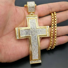 Хип-хоп Iced Out подвеска с большим крестом ожерелье для мужчин золотой цвет из нержавеющей стали горный хрусталь ожерелье хип-хоп христианские ювелирные изделия
