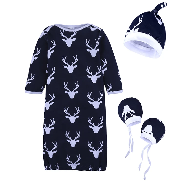 Детское платье с оленем, Шапочка с бантом и варежки без царапин, комплект для новорожденных с серой головкой CR164