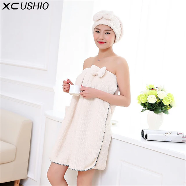 XC USHIO Soft Magic Wearable Lady Bath Towel Set 70*140cm Microfiber Hair Dry Cap For Short/Long Hair Fashion Elegant Bath Dress