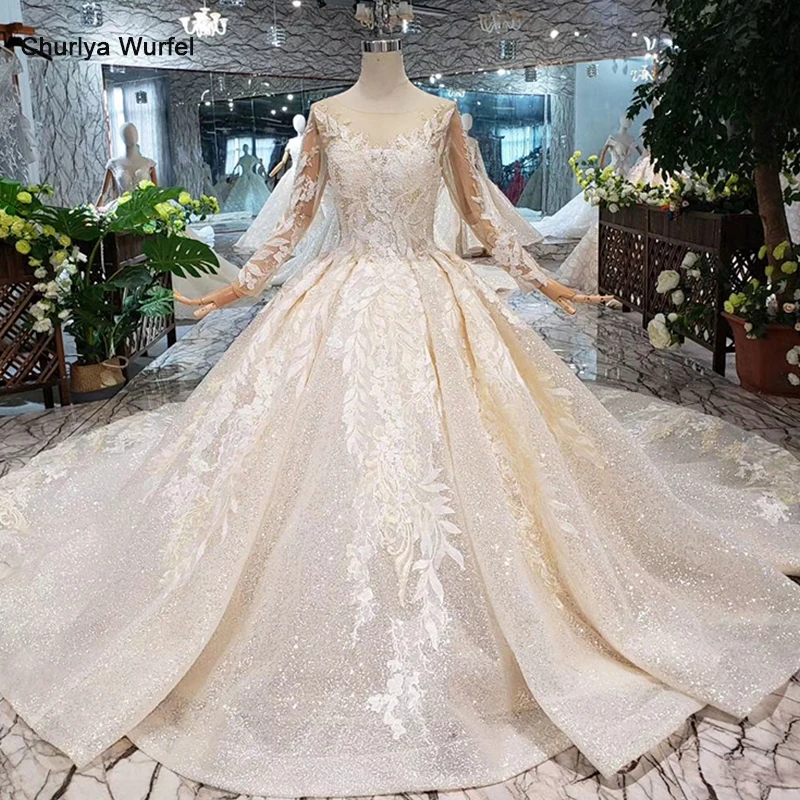 

LS20471 shiny ball gown wedding dresses 2019 with long sleeves o-neck lace up v-back princess bride dresses robe mariage femme