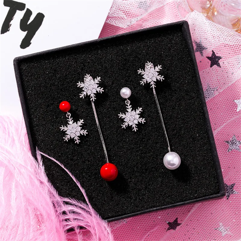 

Ajojewel Micro Pave CZ Snowflake Earrings Asymmetric Simulated Pearl Drop Earrings For Women Girls Korean Style Jewelry