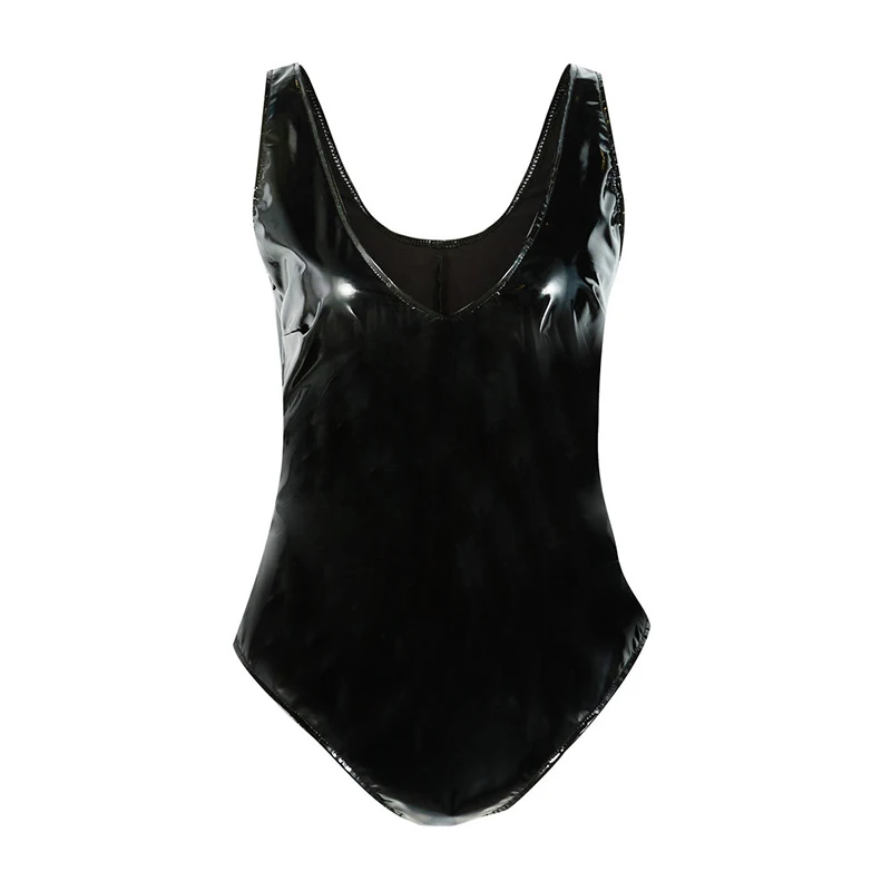 

Women Sexy Sleeveless Solid Bodysuit Clubwear Deep V Neck Faux Leather One Piece