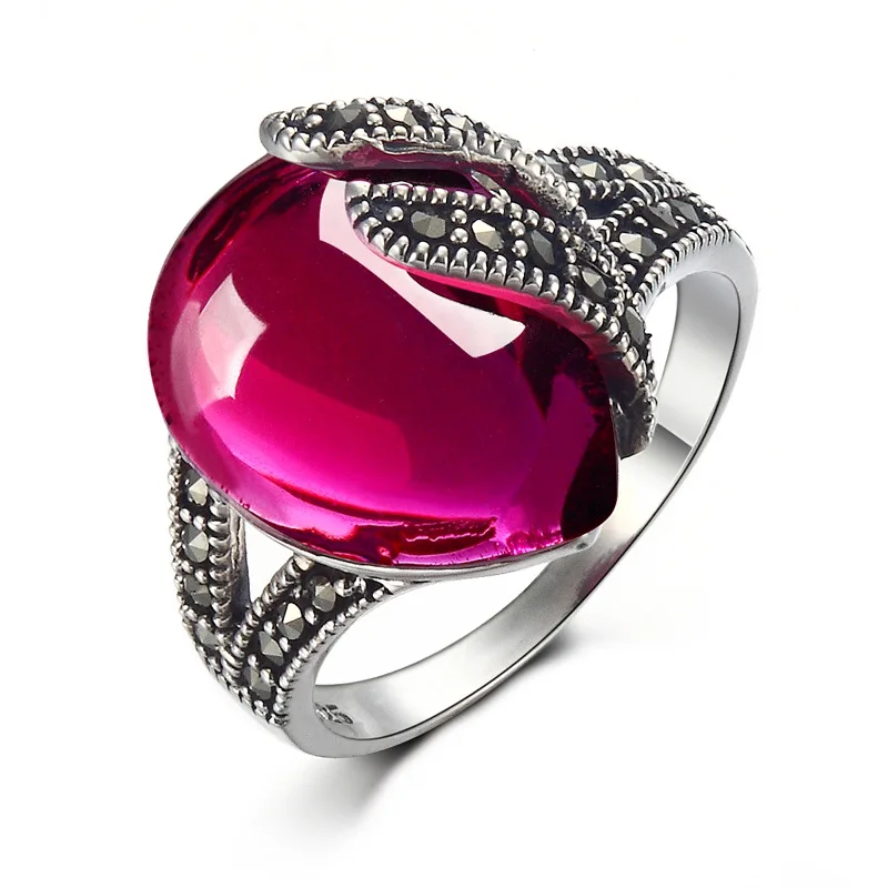

Long Baolong authentic 925 Sterling Silver Silver Ring garnet red corundum heart-shaped ring ring retro lady food