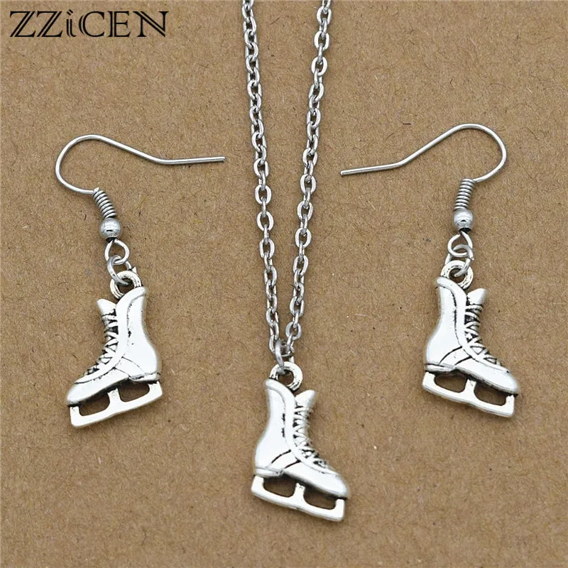 

New Personality Sports Antique Silver Ice Figure Skating Boots Shoes Charm Pendant Drop Earrings Necklace Christmas Jewelry sets