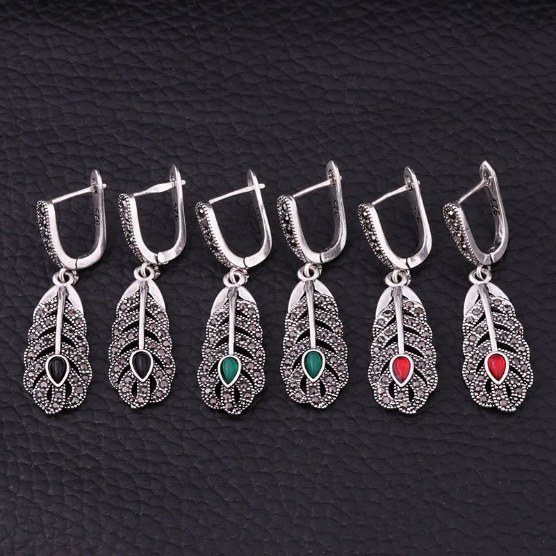 Женские серьги подвески с перьями Sellsets Винтажные серебристого цвета черными
