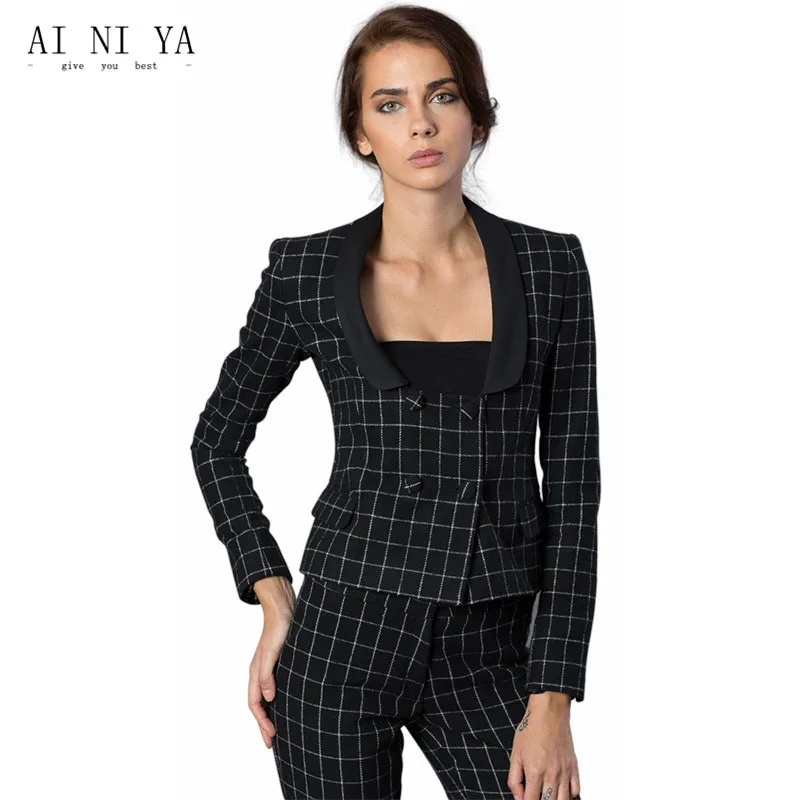 Black And White Plaid Pattern Women Business Suits Formal -2367