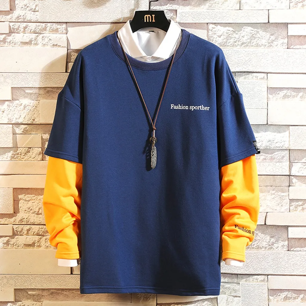 

Hip Hop Men's sweatshirt New Style Fashion Brand hoodies men 2019 Spliced Fake Two-Piece Comfortable Round Skateboard sudaderas