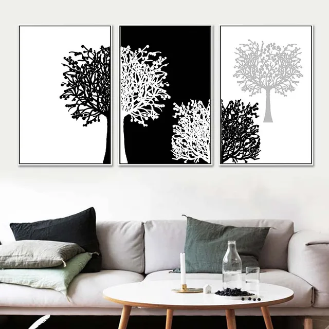 3 Piece Modern Minimalist Black White Panels Trees Canvas Painting 3 Piece Modern Minimalist Black White Panels Trees Canvas Painting Wall Art Decor Poster And Print